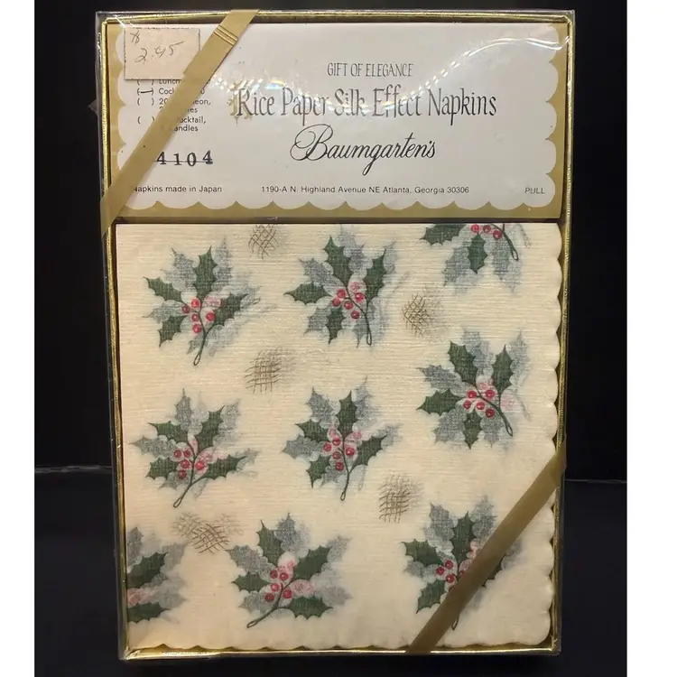 Baumgarten’s Vintage New Old Stock Holly Rice Paper Silk Napkins 6.5”