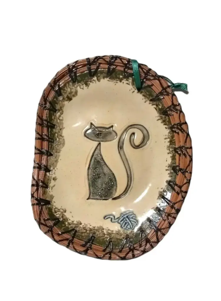 Cat Toucan Weave Basketry By Linda Gaalass Pine Needle Small Tray Trinket Dish