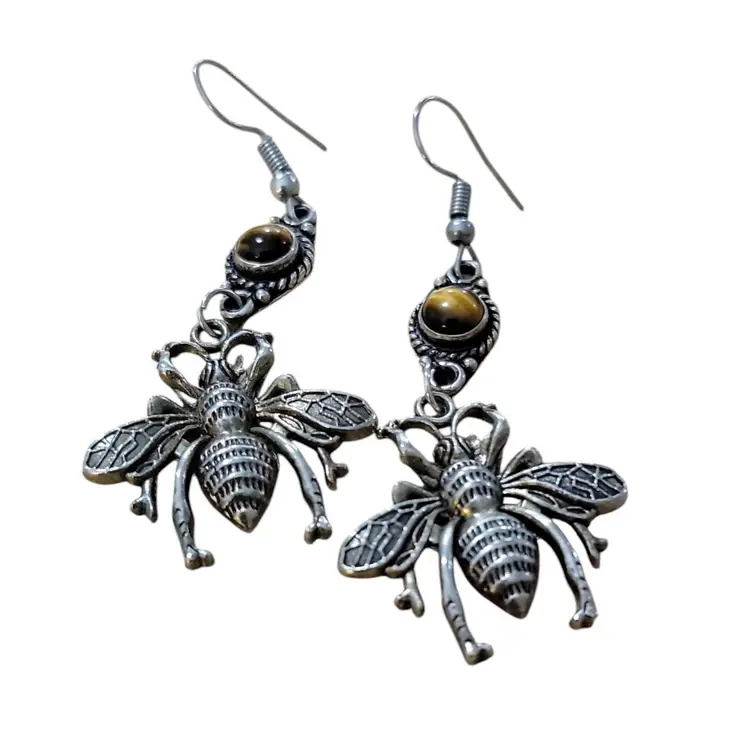 BumbleBee Gemstone Dangle Drop Earrings Brown Jadeite Tiger Eye Stone Insect