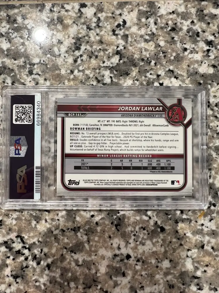 2022 Bowman Sapphire Orange /50 Jordan Lawlar Arizona Diamondbacks PSA 10