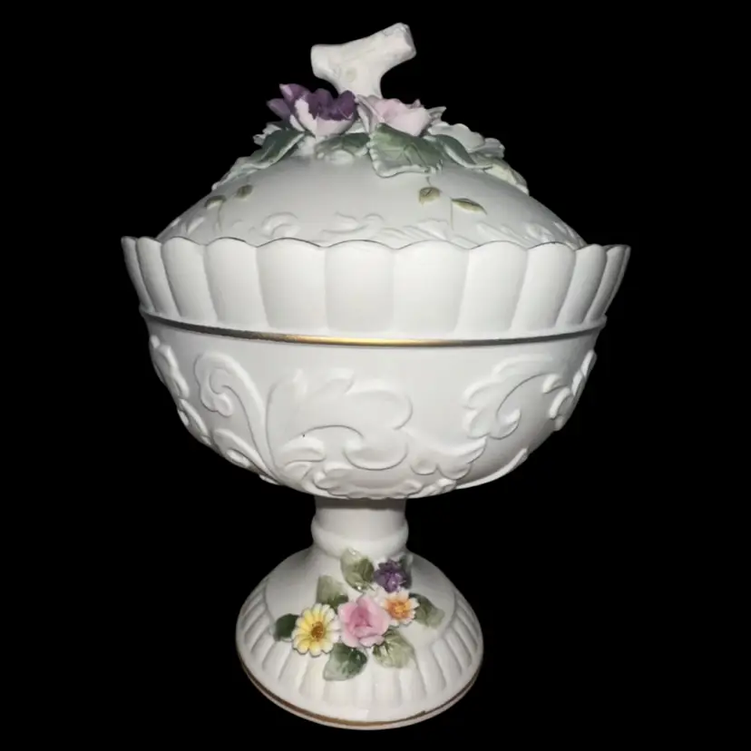 Vintage Lefton Bisque Pedestal Candy Dish Applied Flowers And Twig Handle KW4738