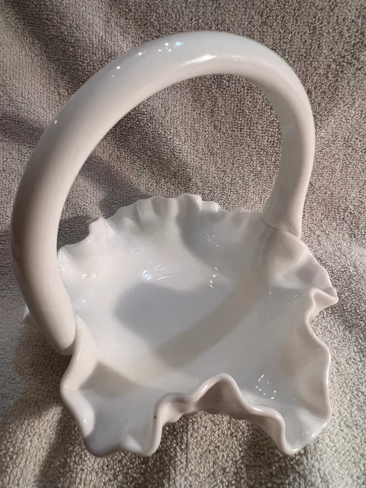 FENTON   HOBNAIL WHITE MILK GLASS HANDLED BASKET 4” RUFFLED CRIMPED EDGES