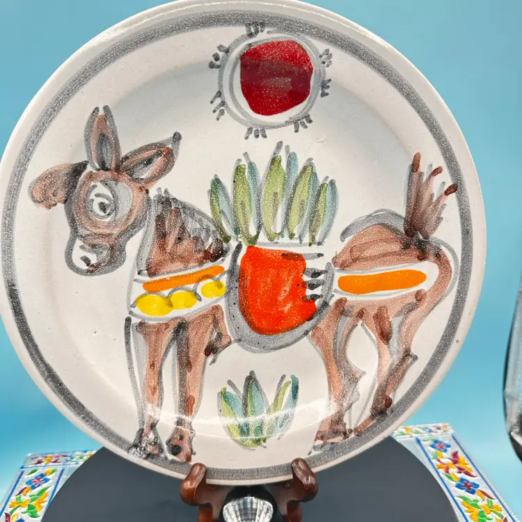 Rare and hard to find Giovanni De Simone, (MCM) hand-painted art pottery goat or donkey under a sun signed "Desimone Italy 65" plate.