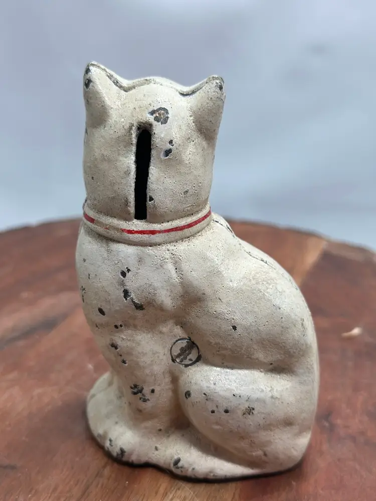 Vintage Antique Cast Iron Cat Kitten Bank Glass Eyes Paperweight