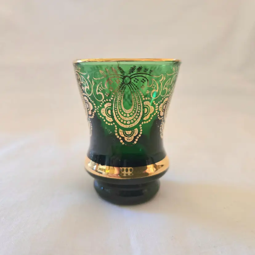 Shot Glass Venetian Italy Emerald Green Gold Design and Trimmed 2⅛" Tall Vintage