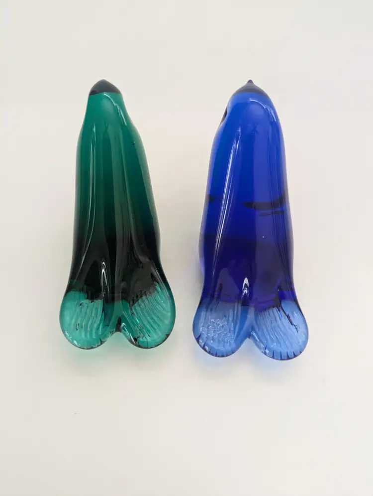 Pair Of Glass Seals Sea Lions Birds Figurines Emerald Green and Cobalt Blue