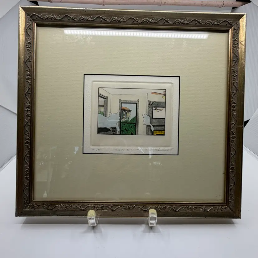 Framed Rick Loudermilk Lmt Ed 122/350 Indoor Blue Cats ll Signed Colored Etching