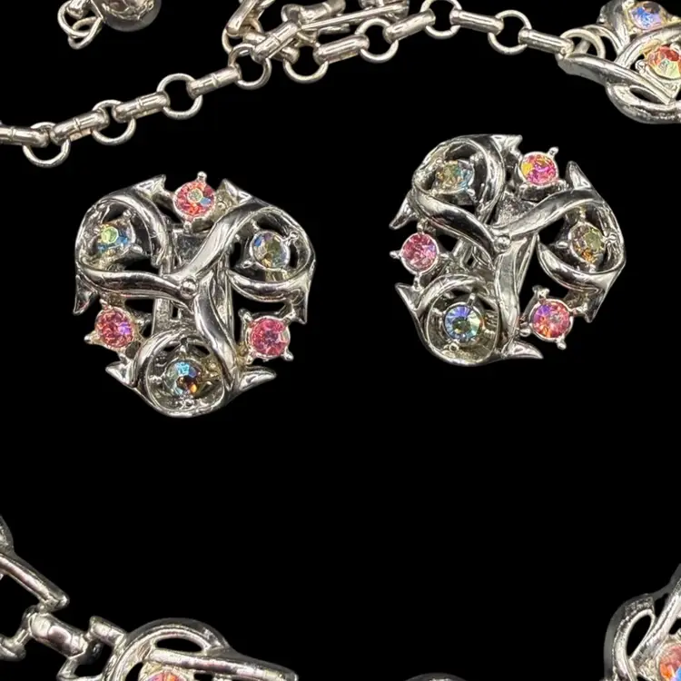 Vintage Unmarked Silver Tone And AB Rhinestone Necklace And Clip On Earrings