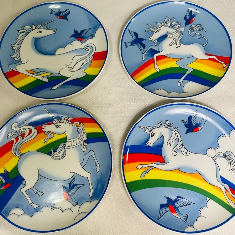 Rainbow Unicorn Clouds Bluebird Collector Plate Set Complete-4 Pieces VTG Japan