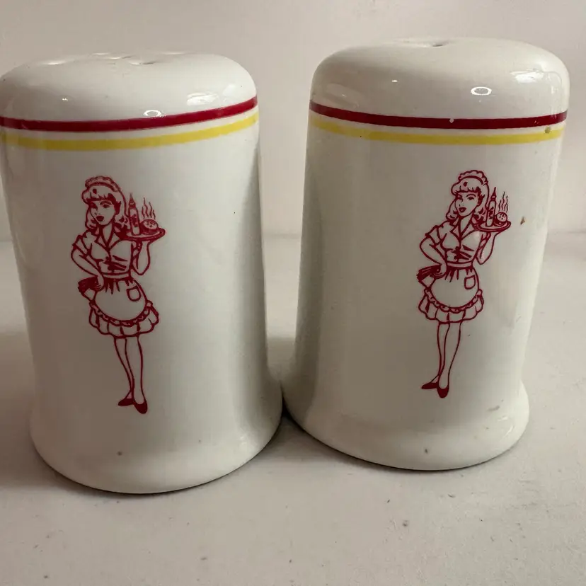 Vtg Retro 1950s Diner Waitress Salt & Pepper Shakers Red & Yellow Stripes Set 2