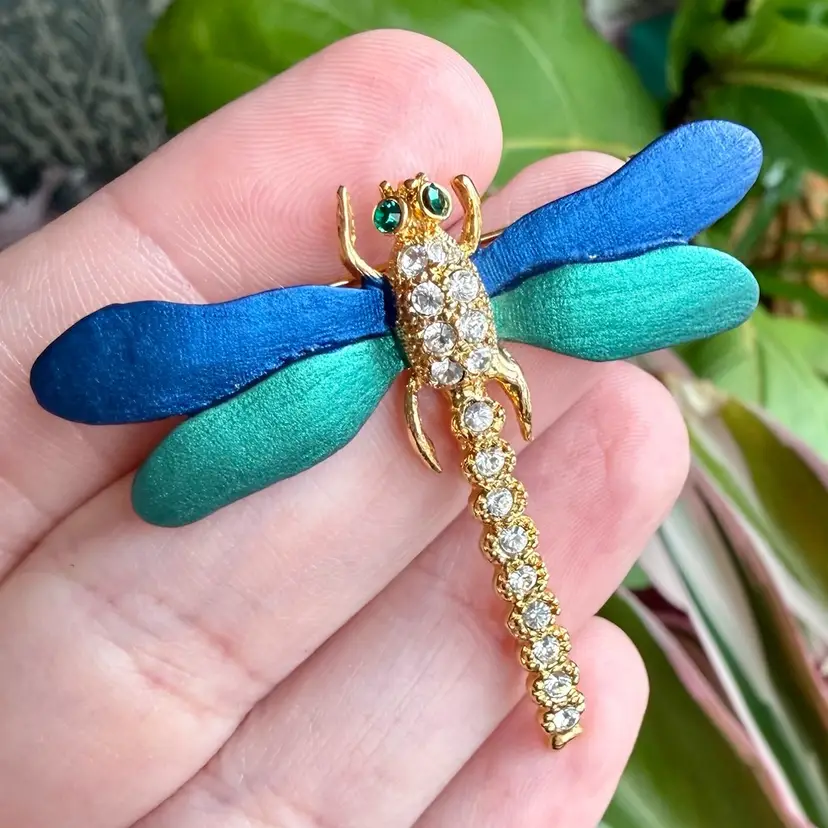 Unbranded Gold Tone Blue Green Enamel Rhinestone Insect Brooch | Navy Teal