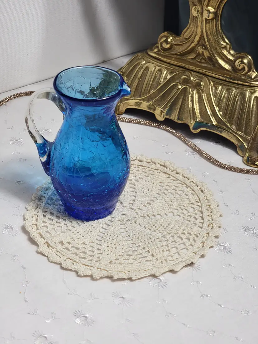 Miniature crackled cobalt blue pitcher