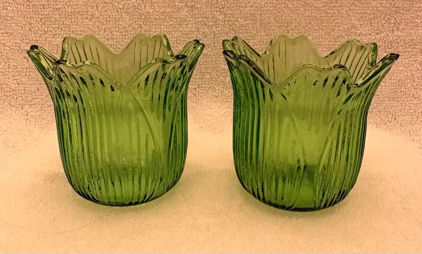 Pair Of Molded Green Glass Rubbed Votive Candle Holders