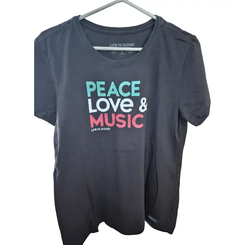 Life Is Good Black Tee with Peace Love & Music Large