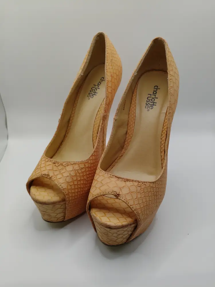 Charlotte Russe Tan Peep Toe Wedges Size 6 with 5.5 Heel.