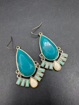 Teal Blue Goldtone Costume Acrylic Statement Earrings, 1.5”L Unmarked