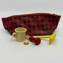 Vintage GEM JR Toy Shaving 5pc Set Boy’s Playtime Dopp Kit Yellow Plastic Razor(no Blade) Mug W/ Soap (partial) Red Wooden Handled Brush & Red Plaid Travel Bag