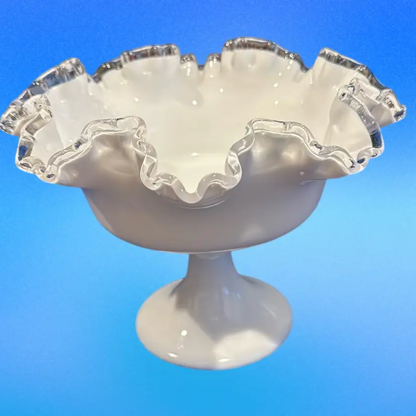 Fenton Silver Crest Milk Glass Ruffled Double Crimped Pedestal Compote