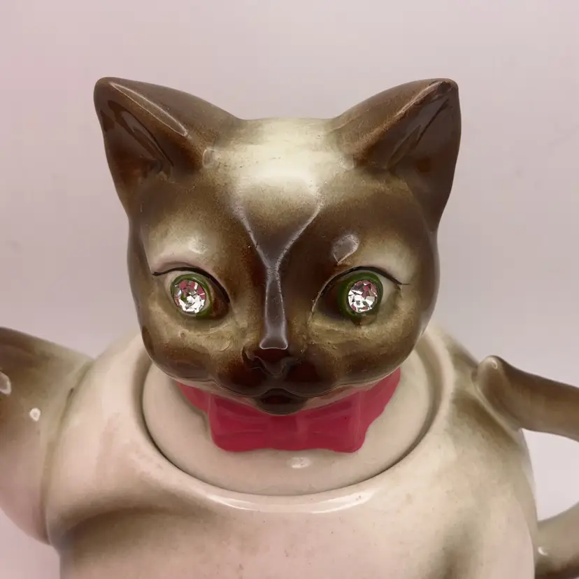 POW2 VTG Ceramic Siamese Cat Teapot with Rhinestone Eyes READ