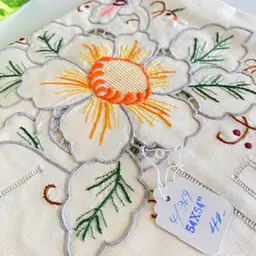 Vintage 54" Square Tablecloth and 6 Napkins Set Hand Embroidered European Floral