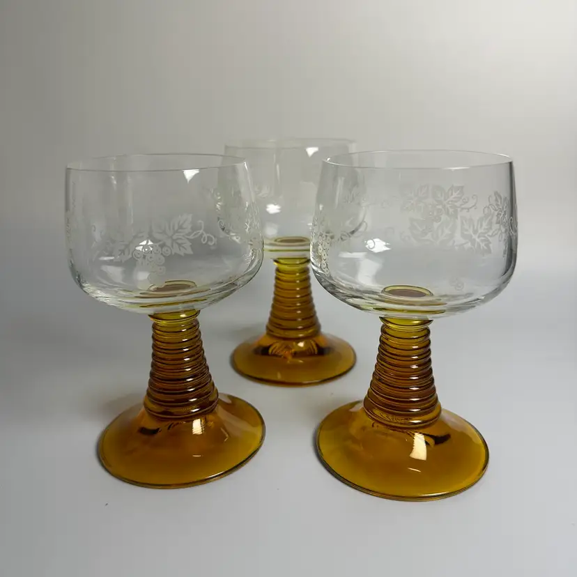 Vintage Roemer Amber Beehive Stem MCM Bars are Wine Glasses with Etched Grape Botanical Design 5 1/2" tall Set/3