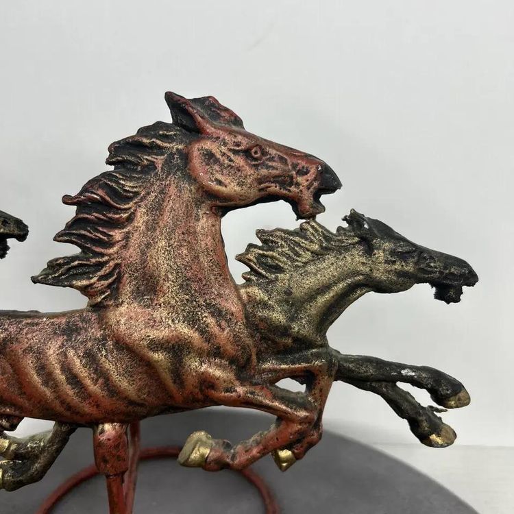 Vintage Galloping Horses Cast Metal Pillar Candle Holder Equestrian Decor