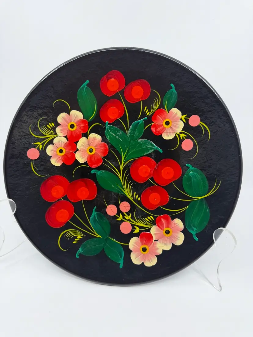 Vintage Ukrainian Petrykivka Handpainted Floral  Black Lacquer Wood Wall Plate