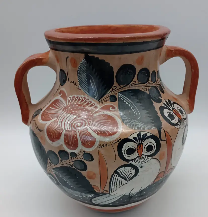 Charming Large Tonala Art Pottery Vase/ Bowl With Hand-Painted Owl Motif.