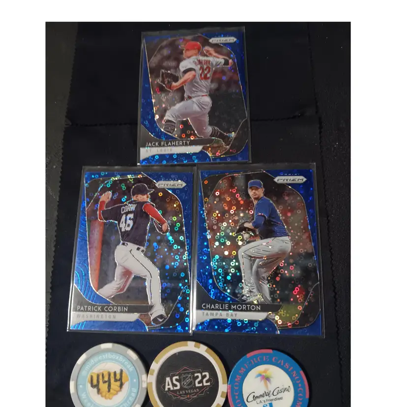 2022 Panini Prizm Blue Donut Circles Jack Flaherty Patrick Corbin and Charlie Morton /199 - St. Louis Cardinals - Washington Nationals - Tampa Bay Rays