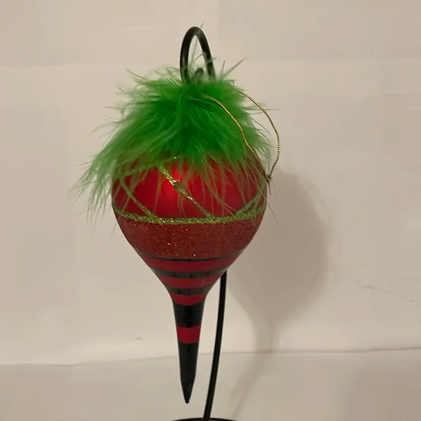 #111 Top Shaped Glass Ornament Red, Black And Gold With A Green Fuzzy Top