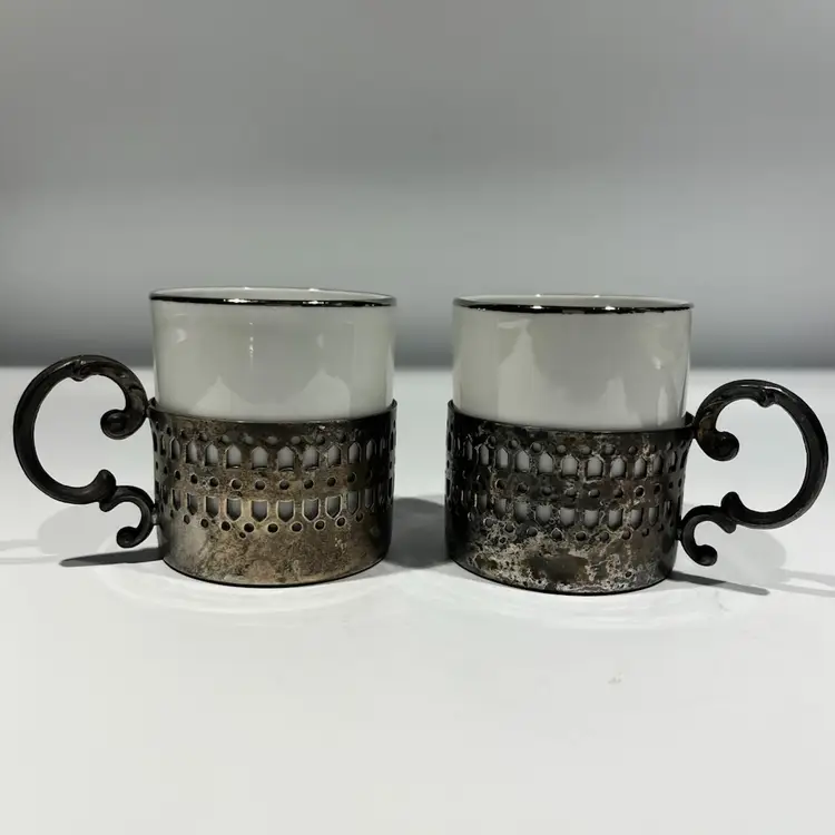Demitasse/Espresso Ceramic Cups Caged In Ornate (likely)Silver-plate? Holders- Made In Italy