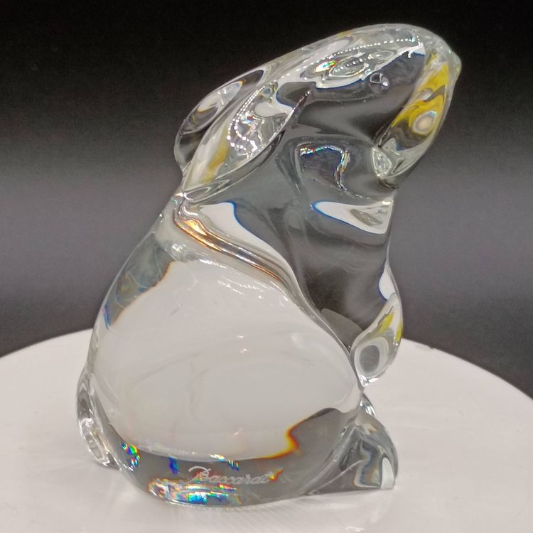 Baccarat Crystal Bunny Rabbit Figurine Paperweight 3.25"Tall Signed Ears Back Sitting up