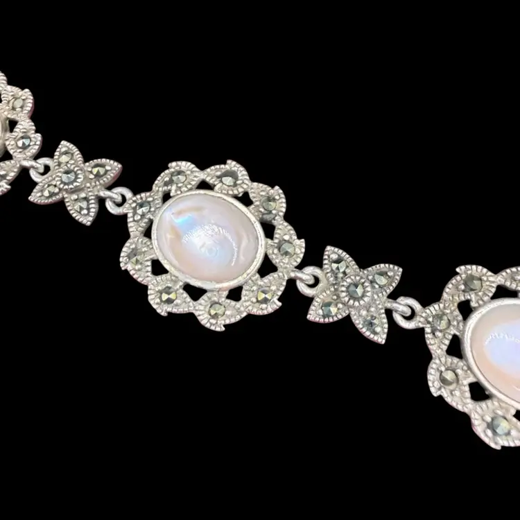 vintage sterling silver and mother of pearl bracelet with marcasite accents