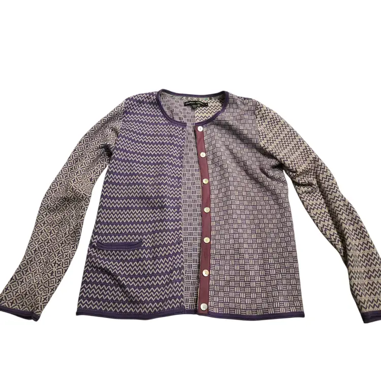 GUDRUN SJODEN Purple Geometric Knit Button Down Lagenlook Cardigan Sweater L
