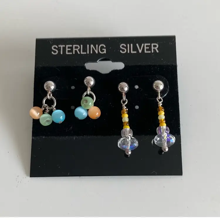 Set Of 2 Vintage Sterling Silver And Czech Glass Bead Drip Earrings Sets