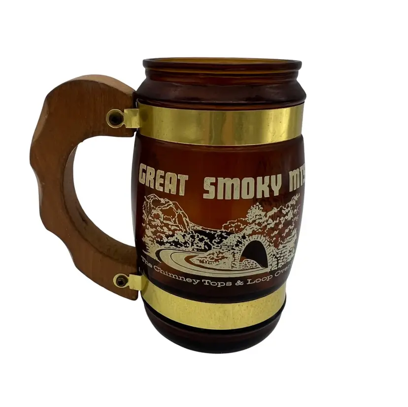 Vintage Siesta Ware Great Smoky Mountains Amber Barrel Mug With Wood Handle 5"