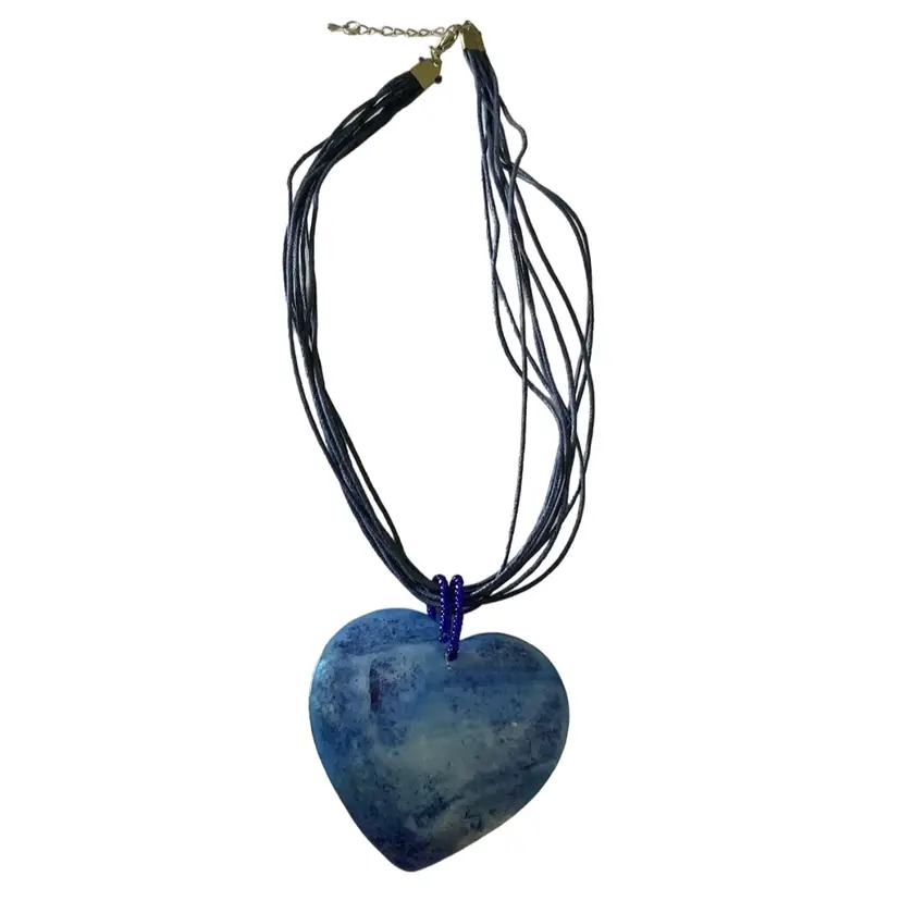 Vintage Hand Painted Blue Heart Mother Of Pearl Costume Jewelry Beaded Necklace 