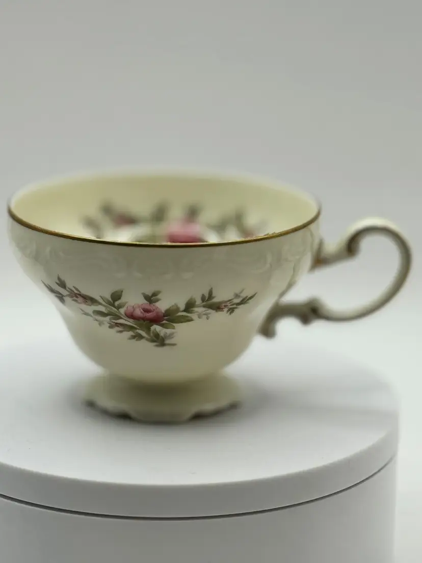 Vintage Pompadour Antoinette Pattern Porcelain Teacup with Rose Floral Motif and Gold Accents, Delicate Scalloped Edge With Footed Base, By Rosenthal, Made In Germany