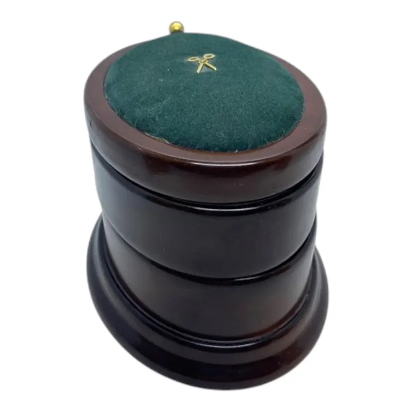 Vintage Bombay Company Swivel Sewing Box 3 Tier Oval Wood Pin Cushion Organizer 1996