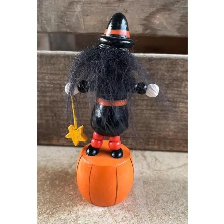 Vintage Push Button Toy Witch Puppet with Halloween Pumpkin
