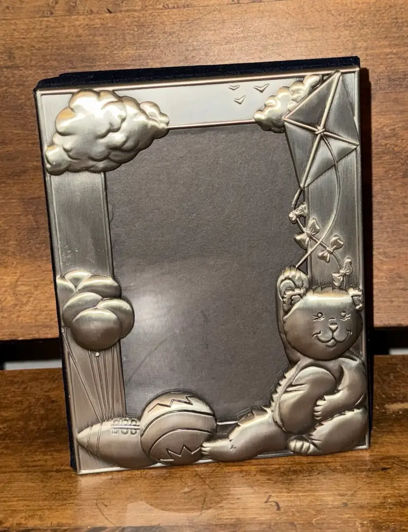 Vintage Pewter Teddy Bear Baby Photo Album with Mirrored Back.