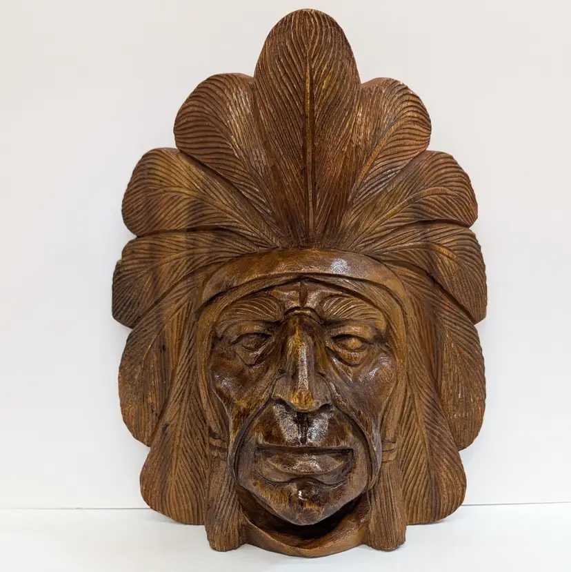 Vintage Intricate Hand Carved Wood Native American Face Wall Decor Sculpture 13"