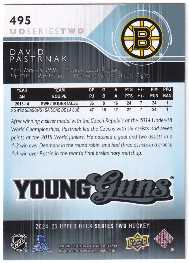 2024-25 Upper Deck Young Guns Renewed Series 2 #495 David Pastrnak Boston Bruins Hockey Card