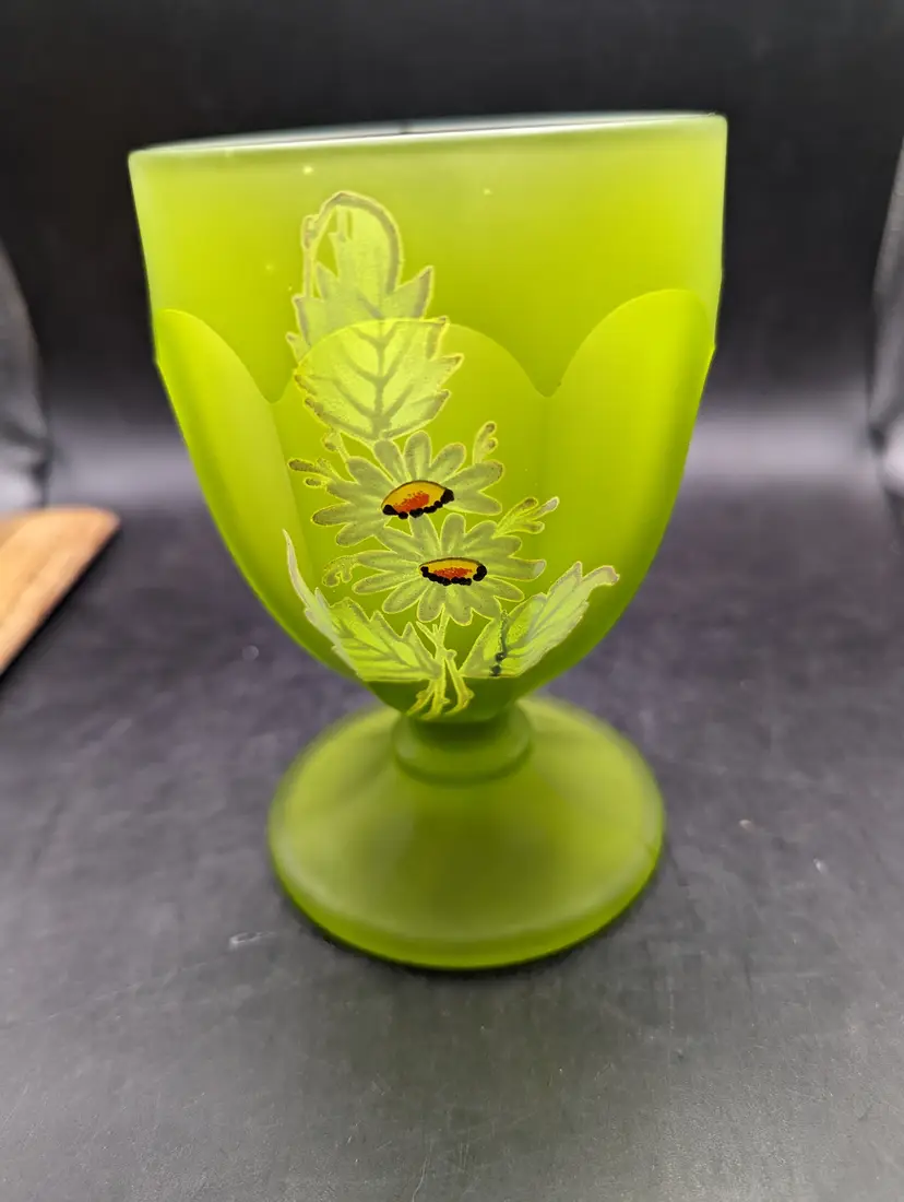 Westmoreland Green Satin Glass Candy Dish Hand Painted White Daisies with No Lid