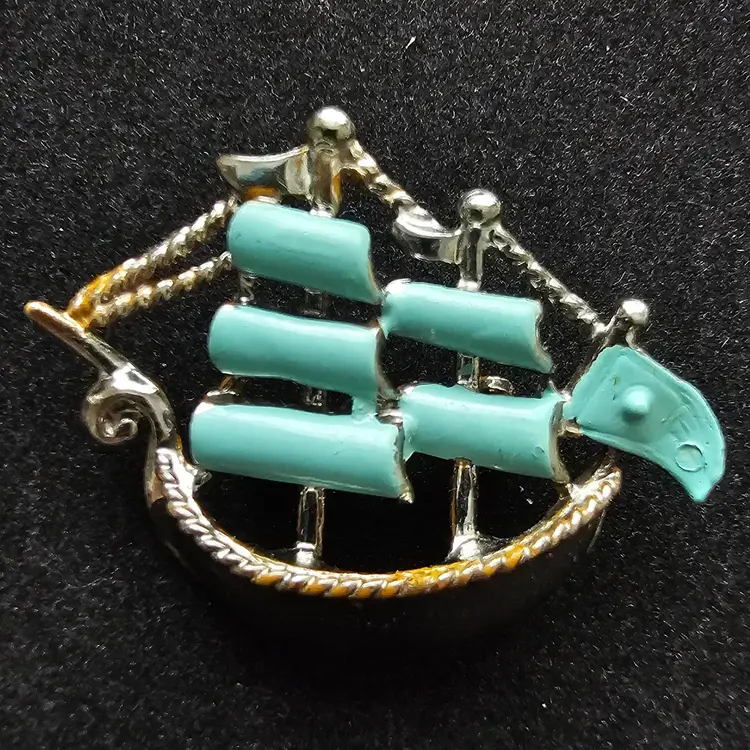 Enameled Sailship Brooch