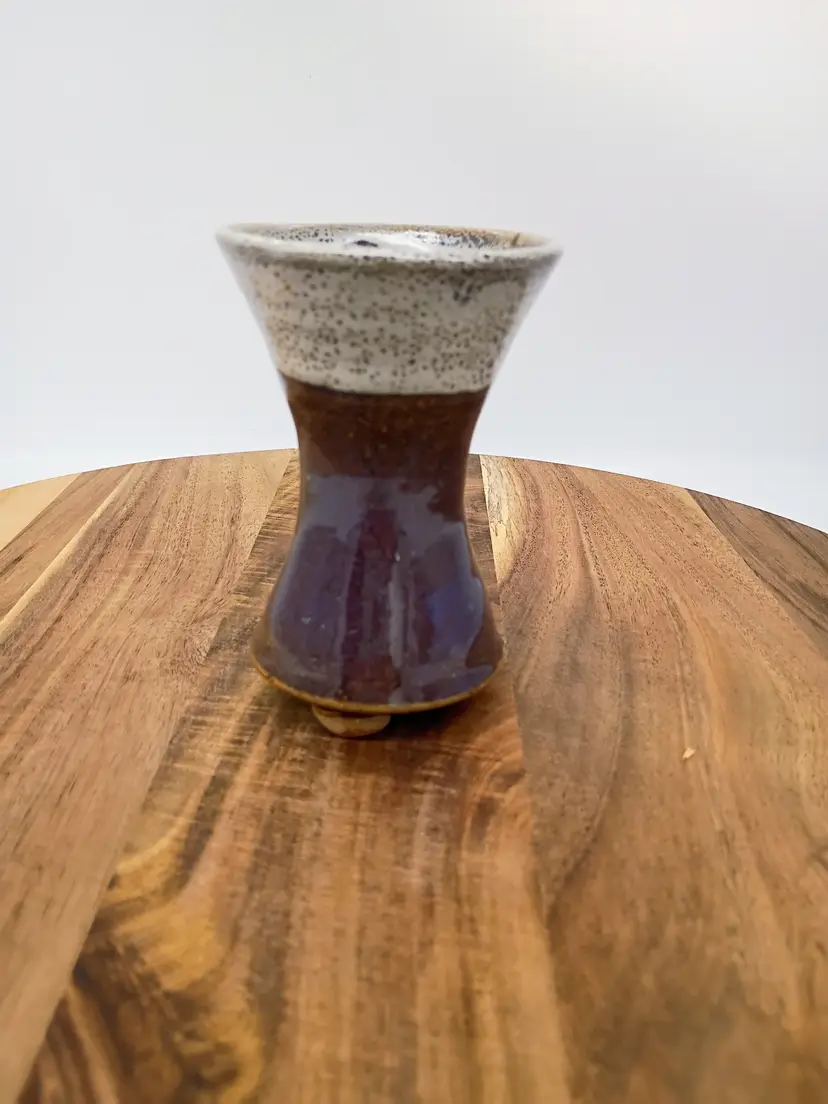 Studio Art Pottery Hourglass Shaped Small Vase Cream Lava Over Purple Brown Drip Glaze 4.25"