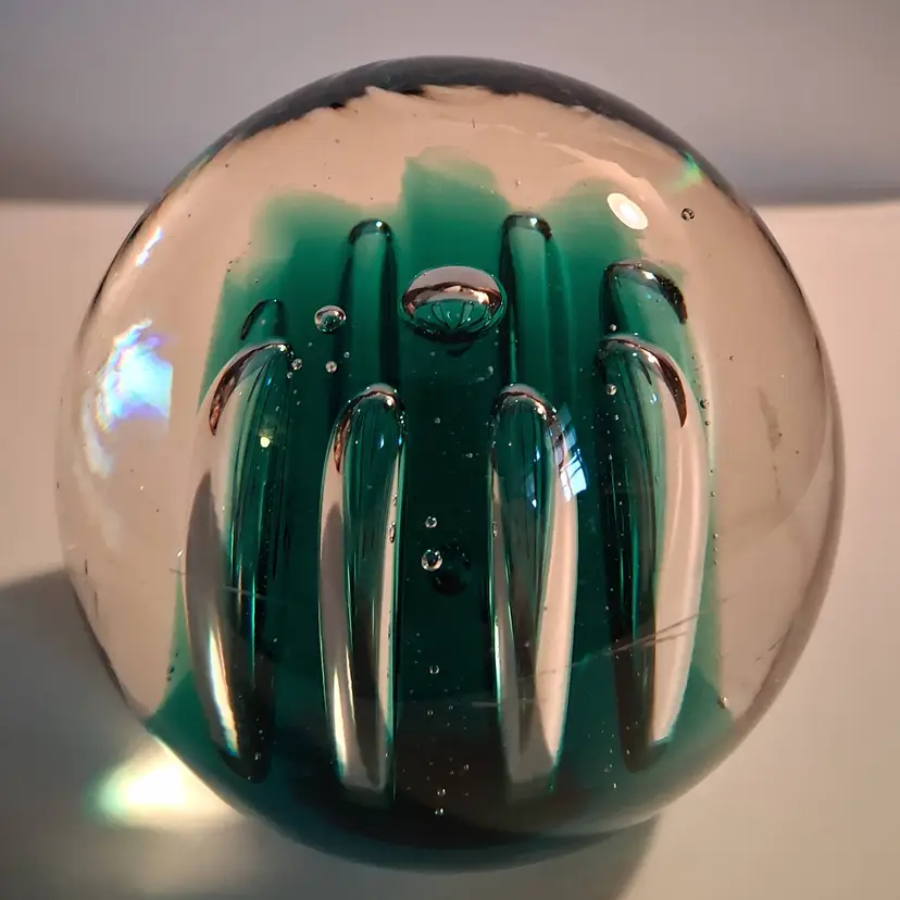 Vintage 1970s BLENKO Air Trap Glass Teal & Clear Paperweight