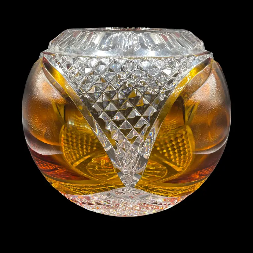 VTG Poland Lead Crystal Bowl Vase Amber Cut to Clear Glass 5”x5” 24% PbO Crystal