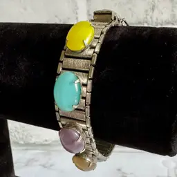 Vintage Sarah Coventry Multi Pastel Art Glass Cabachon Silvertoned Bracelet! WOW