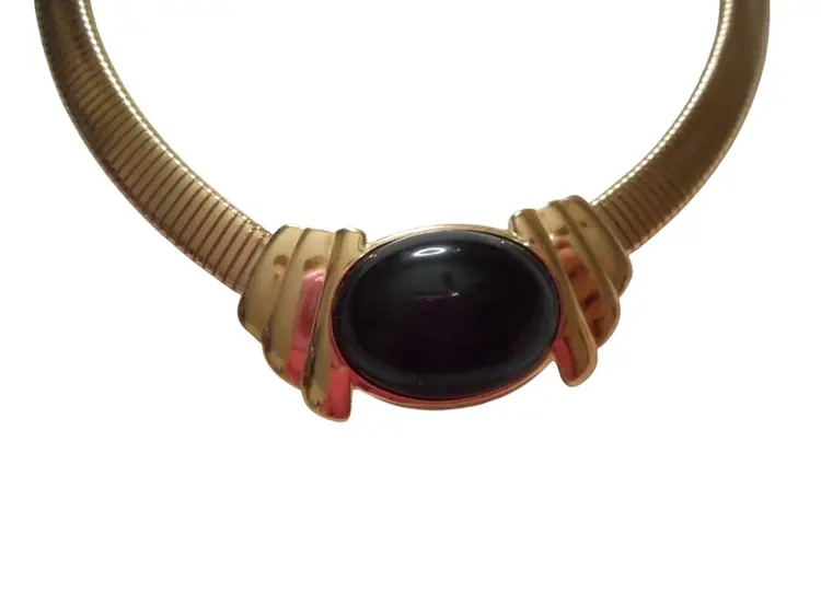Vintage Art Deco TRIFARI Gold Tone Choker Necklace Black Cabochon
